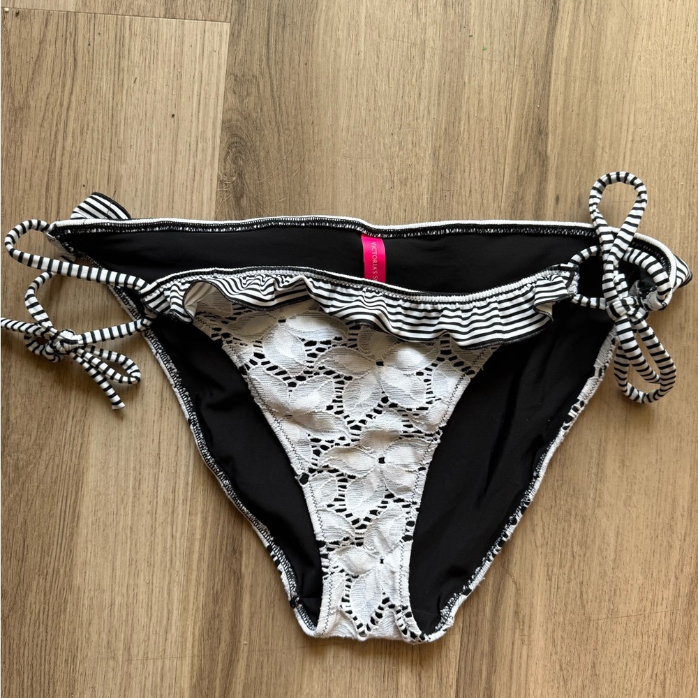 Victoria's Secret Black and White Lace Flower and Striped Bikini Bottom